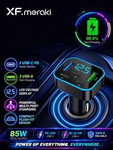 XF.Meraki 1pc Multi-Port 3PD 2USB Car Charger, Fast Charging PD QC3.0 USB-C Car Phone Charger With Type-C Adapter, Supports Simultaneous Fast Charging Of Multiple Devices With Computer Display And Real-Time Digital Display, Car - 5-in-1 Car Charger - View 1