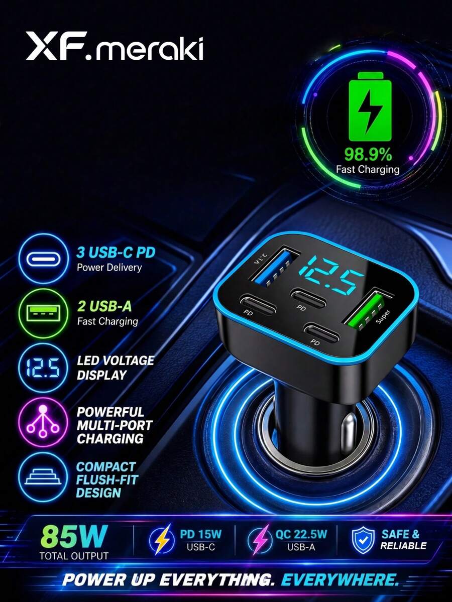 XF.Meraki 1pc Multi-Port 3PD 2USB Car Charger, Fast Charging PD QC3.0 USB-C Car Phone Charger With Type-C Adapter, Supports Simultaneous Fast Charging Of Multiple Devices With Computer Display And Real-Time Digital Display, Car - 5-in-1 Car Charger - View 1