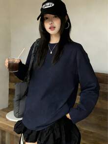 女款學生純藏青色極簡百搭層搭長袖寬鬆多功能羅紋中性上衣T恤，適用居家、日常、街頭、通勤 - 藏蓝色 - 查看 3