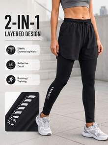 AODSR Women's Black 2-In-1 Layered Running Shorts With Full-Length Leggings, Drawstring Elastic Waist And Reflective Print - Black - View 5