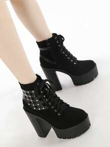 Gdgydh Women Ankle Boots Platform Lace Up Punk Heeled Motorcycle Boots Sexy Fashion Rivets Black Ankle Boots For Woman Spring Autumn Cosplay Shoes - Black - View 3
