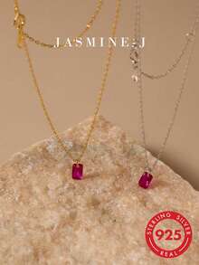 1pc S925 Sterling Silver Necklace With Zirconia Stone, Red & Blue Sapphire Pendant Necklace, Red Diamond Pendant Necklace, Gold Necklace, Minimalist Elegant Women Necklace, Versatile Compact Delicate Pure Silver Daily Wear Jewelry - Multicolor - View 1