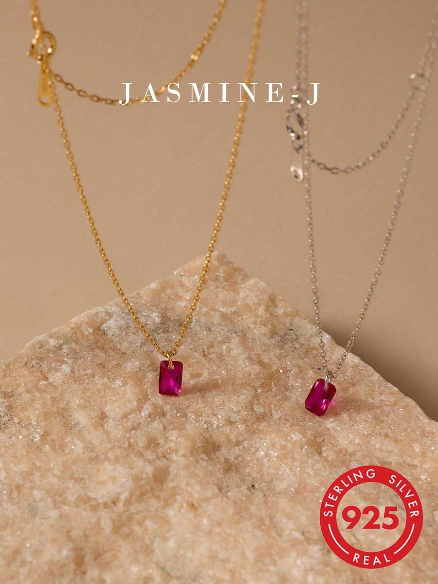 1pc S925 Sterling Silver Necklace With Zirconia Stone, Red & Blue Sapphire Pendant Necklace, Red Diamond Pendant Necklace, Gold Necklace, Minimalist Elegant Women Necklace, Versatile Compact Delicate Pure Silver Daily Wear Jewelry - Multicolor - View 1