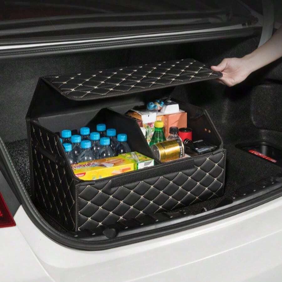 Leather Car Trunk Organizer Box, (Small And Large) Flip Lid Dust-Proof Large Capacity Storage Box, Waterproof Wear-Resistant Leather Fabric, Car Interior Storage Tools And Miscellaneous Items, Self-Driving Trip Car Trunk, Organizing Storage Box - Random Color - View 1