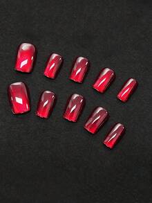 10 piezas de elegantes pegatinas de uñas con efecto ojo de gato rojo, uñas postizas de cobertura completa con punta en color borgoña de moda, incluye 1 pieza de pegamento de gelatina y 1 pieza de mini lima de uñas, el pegamento de gelatina se envía al azar - Burdeos - Ver 1
