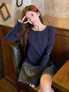 Autumn/Winter Lace Patchwork Round Neck Button 2 In 1 Long Sleeve T-Shirt Base Layer Top - Navy Blue - View 2