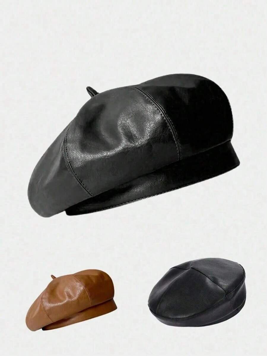 1pc Women's Black PU Leather Beret, Popular Style In Saudi Arabia, Elegant Women's Accessory - Black - View 1