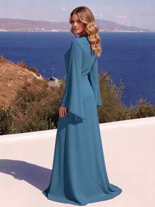 Women's Elegant Sleeveless Long Ball Gown With Brooch, 3D Floral Decor, Draped Slimming Design And Train - Navy Blue - View 2