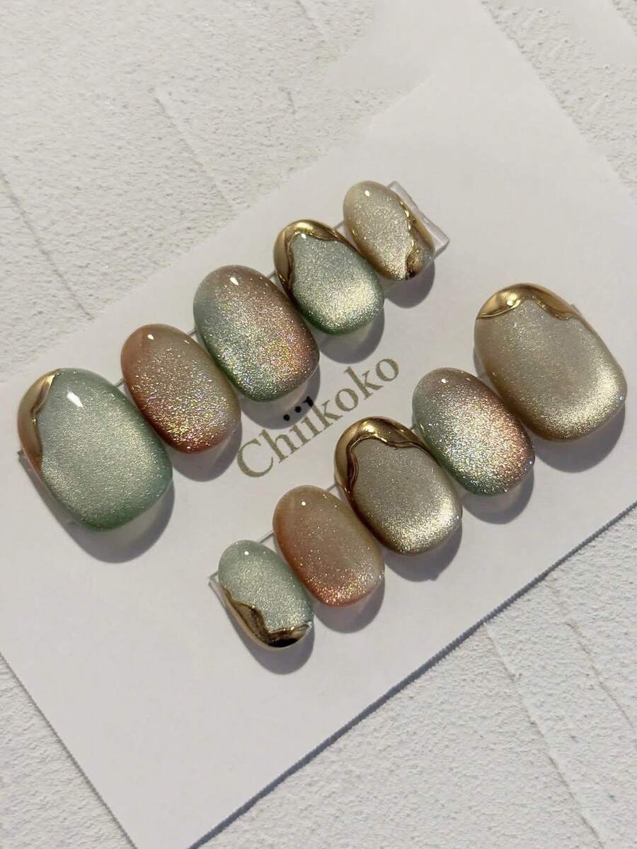 10-Piece/Set Oval Gradient Mint Pink Cat Eye Nail Stickers, Glittery Champagne-Colored Glossy Fake Nails, Wavy Metallic Gold Edges, Minimalist Low-Key Luxury For Spring, Daily Office, Wedding, And Date Nail Set. Handmade Press On Nails - Mint Green - View 1