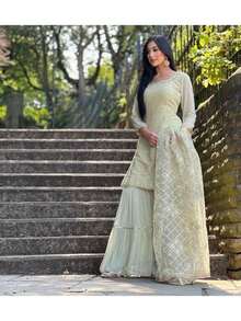 Beautiful Chinnon Punjabi Style Sharara Suit Women Ready To Wear Salwar Kameez With Dupatta - Multicolor - View 4