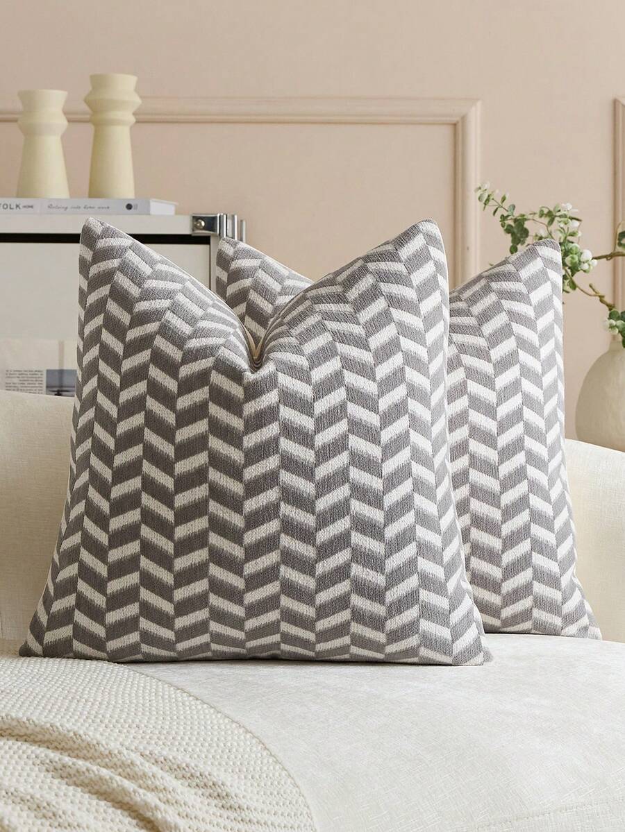 1pc Gray-White Raised Stripe Pillow Cover (Pillow Insert Not Included), Modern Soft Chenille Material, Vintage Textured Decorative Throw Pillow Case, Suitable For Home Sofa, Bedroom, Decor, All Seasons