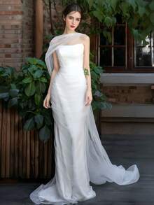 1 pieza Chal largo de malla blanca para mujer, 350X60cm Elegante velo de novia, adecuado para boda, banquete, actuación, fiesta, accesorio de fotografía de viaje, accesorio nupcial, decoración festiva, bufanda de cuello premium estilo coreano, bufanda larga de malla suave, velo de hombro para cola de vestido de novia, bufanda larga de gasa premium estilo coreano vintage, chal exterior para vestido de novia cheongsam - Blanco - Ver 8