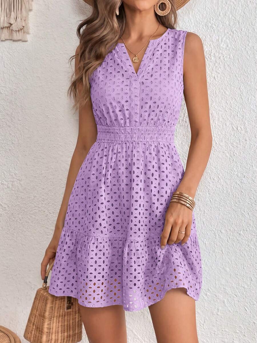 PRETTYGARDEN Women's Summer Dress Sleeveless V Neck Eyelet Cutout Swinging A-Line Flowy City Walks Wedding Guest Graduation Beach Vacation Sun Dress - 淡紫色 - 查看 1