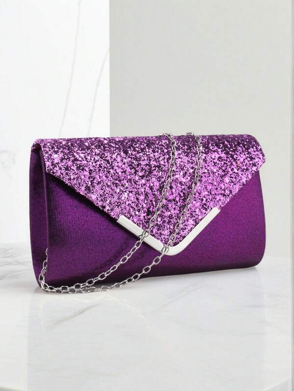 V Design Metal Chain Sequin Glitter Evening Clutch Bag, Envelope Style Handbag, Party Wedding Casual Women's Tote Bag, Banquet Dinner Bag