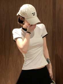 Women's Colorblock Round Neck Short Sleeve T-Shirt, Korean Style Slim Fit Cropped Top, Versatile Commuter Summer Top White - White - View 3