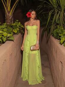 Solid Color Ruffle Hem Strapless Dress, Elegant For Birthday Party, Graduation Party, Music Festival, Photo Shoot, Travel Wedding - Green - View 1