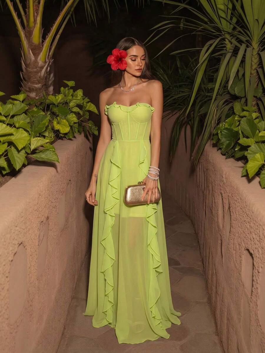 Solid Color Ruffle Hem Strapless Dress, Elegant For Birthday Party, Graduation Party, Music Festival, Photo Shoot, Travel Wedding - Green - View 1