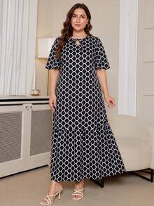 DEARCASE Plus Size Geometric Print Long Dress, Suitable For Commuting Vacation Elegant Black Summer - Black - View 4
