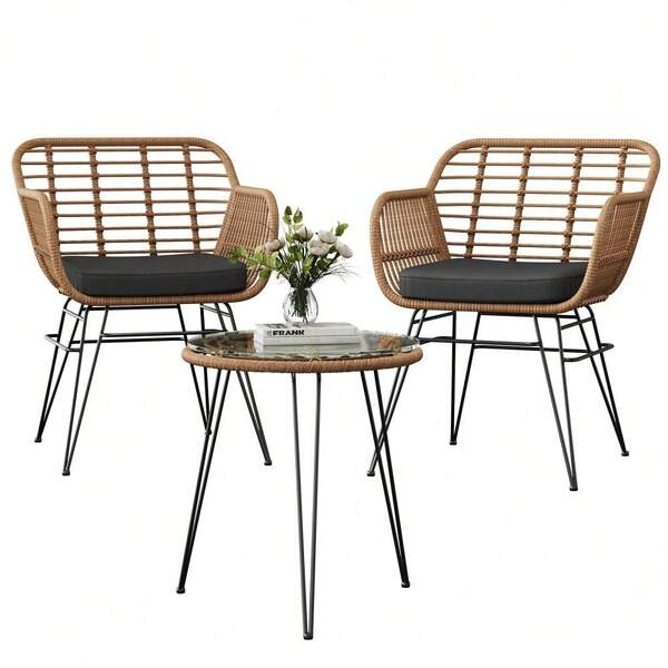 Thaookte 3-Teiliges Bistro Set Für Balkon Und Garten, Polyrattan Balkonmöbel Set Mit 2 Sesseln, Dicken Kissen Und Tisch Mit Glasplatte, Wetterfeste Gartenmöbel Für Terrasse, Hof Und Veranda