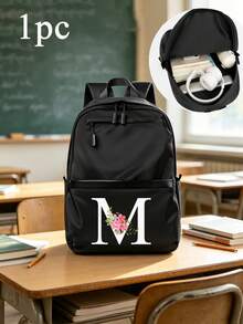 5/1pc Black Backpack A-Z 26 Floral Initial Print Multi-Zipper Large Capacity Lightweight Casual Style Student Classroom Travel Daily Use Laptop Storage Backpack Back To School Gift - Multicolor - View 32