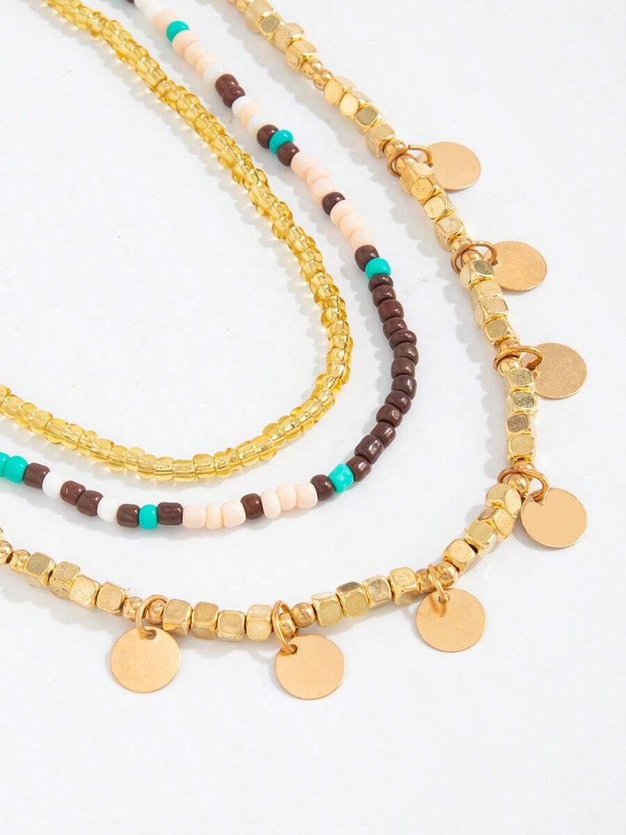 3pcs Bohemian Fashion Elegant Round Disc Tassel Anklets, Layered Ins Colorful Rice Bead Strung Foot Jewelry - Multicolor - View 1