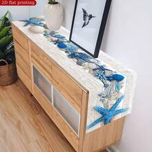 Polyester Table Runner, 2D Flat Printing Blue Starfish Seashell Coral Texture Pattern & Rustic Teal Wood Grain Fishing Net Beach Seashell Starfish Print, Heat Resistant Washable Table Decor Runner For Summer Nautical Table Decoration - Multicolor - View 11