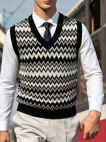 Autumn/Winter Retro Wavy Jacquard Men's V-Neck Knit Vest, Layering Essential, Sleeveless Loose Slouchy Style Contrast Color Sweater Vest - Black - View 1