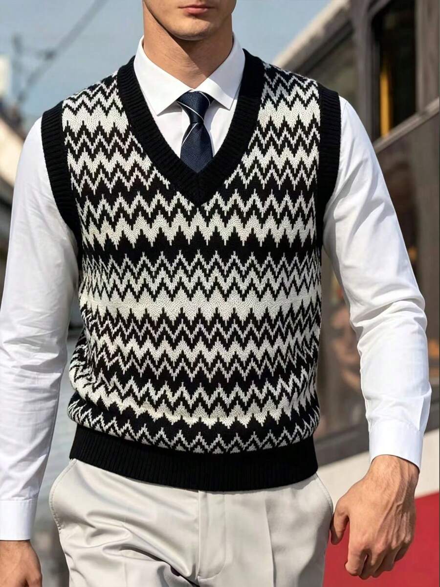 Autumn/Winter Retro Wavy Jacquard Men's V-Neck Knit Vest, Layering Essential, Sleeveless Loose Slouchy Style Contrast Color Sweater Vest - Black - View 1