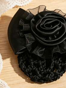 1pc 3D Lace Rose Flower Mesh Hair Clip, Elegant Professional Women's Hair Bun Net - Black - View 3