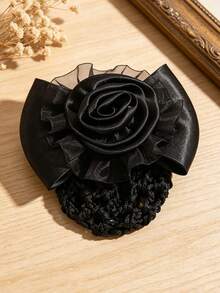 1pc 3D Lace Rose Flower Mesh Hair Clip, Elegant Professional Women's Hair Bun Net - Black - View 2