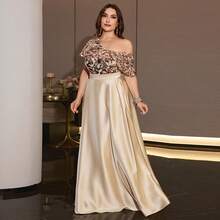XUIBOL Elegant Plus Size Asymmetrical Sequin Satin Evening Gown, Off-Shoulder Formal Dress, Flared Skirt, Women - Champagne - View 11