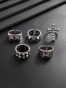 5pcs Personalized Punk Rivet Cross Rings, Men's Street Hip-Hop Geometric Metal Accessories, Suitable For Daily Wear, Parties, Music Festivals, Holiday Gift For Family And Friends - Antique Silver - View 2