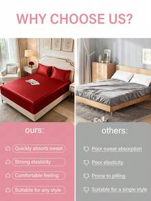 HONEYMOON 1pc Premium Silky Satin Fitted Sheet, Soft Breathable Wrinkle-Resistant, Improve Sleep Quality, Luxury Hotel Style, Gift For Parents And Friends, 14 Inch/35cm Deep Pocket, Fits All Bed Sizes - Twin, Full, Queen, King, Oeko-Tex Certified - Red - View 7