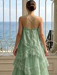 Damen Spitze asymmetrisches elegantes langes Party Rüschen Maxi Kleid, ärmellos Mode, Abschlussball, Abschlussfeier, Urlaubsoutfit Hochzeit Herbst - Minzgrün - Übersicht 4