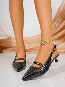 Shiny Rhinestone Bow Silver Elegant Pointed Toe Slimming Women's High Heel Slip-On Slouchy Chunky Heel Pumps - Black - View 3