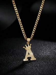 1pc Shiny Letter Crown Pendant Cuban Chain Necklace A-Z Customizable Name Letter Necklace, Suitable For Women Party Wear - Gold - View 15