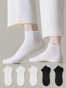 ZUJO 5 Pairs Women's Short Socks, Heart Pattern, Suitable For All-Year Home & Travel, Simple & Comfortable, Random Colors - Black and White - View 6