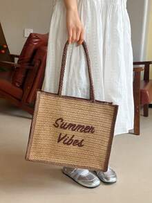 Straw Woven Large Capacity Tote Bag With Front Embroidery Decoration, Wooden Bead Tassel Charm, Thick Braided Handle, Sturdy And Durable, Loose Body Can Store Beach Supplies, Books, Shopping Items. Suitable For Students, Teachers, Moms For Beach Vacation, Picnic, Daily Casual Wear. - View 4