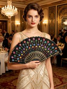 1Pc D EXCEED Lace Spanish Fan, Handheld Chinese Folding Hand Fan For Women Spanish Flamenco Gift With Embroidered Sequin Photo Prop Prom Wedding Decor - A - View 6