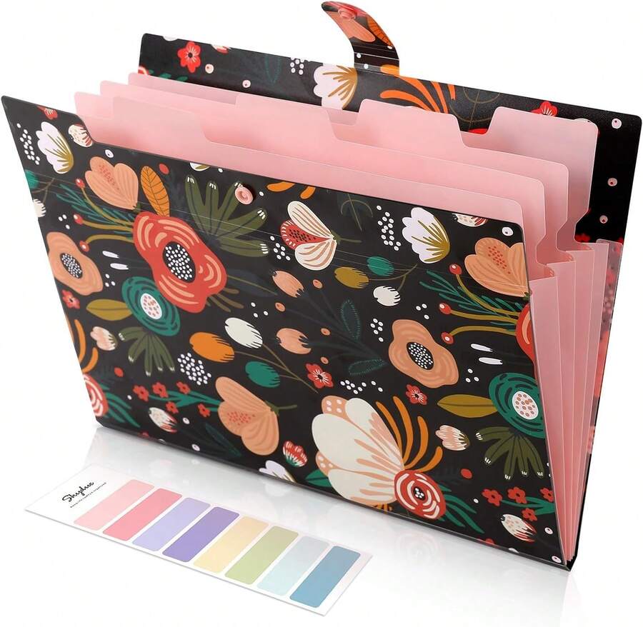 SKYDUE Expanding File Folder With 5 Pockets, Floral Accordion File Organizer For Important Document, Portable Receipt Paper Organizer, School Office Supplies Black - ColorB - View 1
