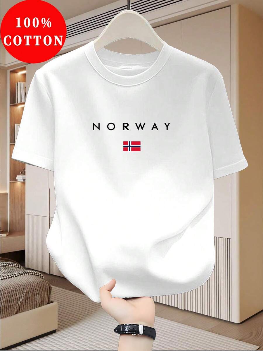 ChristmasMen's% Cotton-Shirt - Short Sleeve Summer Tee With Norwegian & Map Design,Hot Item - 白色 - 查看 1