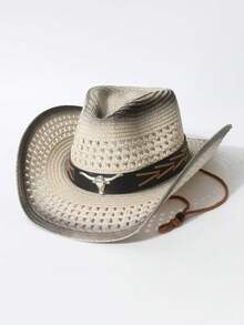 Unisex Gradient Hollow Western Cowboy Straw Hat, Bull Head Decor Wide Brim UV Sun Hat, Adjustable Wind Lanyard Beach Outdoor Sunscreen Hat - Permed and Dyed Cowhide Hat - View 10