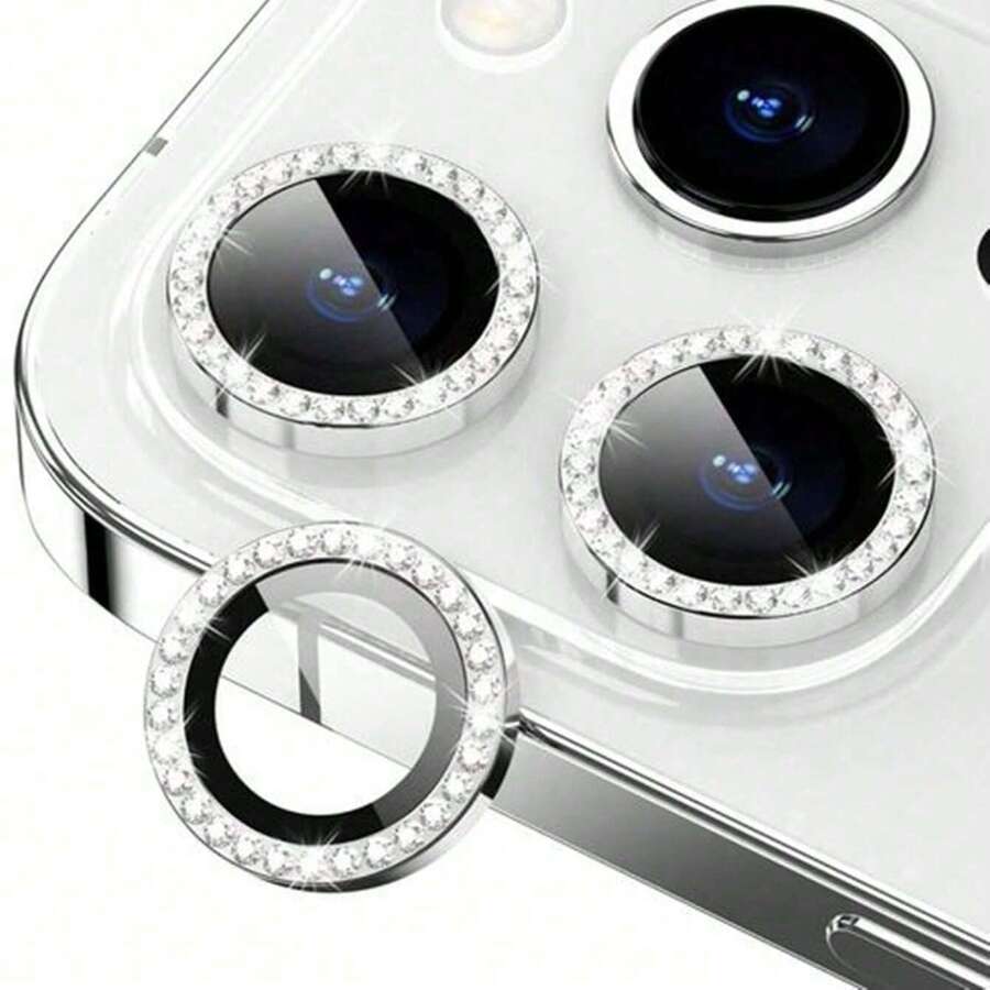 Camera Lens Protector For IPhone 17 Pro Max/17 Pro/17/17 Air/16 Pro Max/16/16 Plus/15 Pro Max/15/14/13/12/1, Shiny Personalized Metal Diamond Ring Design, 9H Hardness Scratch-Resistant, Stylish Phone Accessory, Case Friendly - Silver - View 1