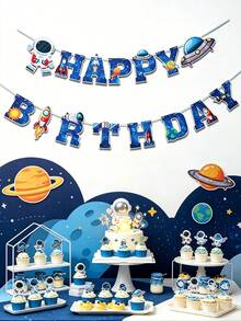 1套太空人生日快樂橫幅，太空人行星火箭圖案，生日快樂拉旗，生日派對背景掛飾，太空主題生日派對裝飾，居家裝飾，房間裝飾，生日牆面掛飾裝飾橫幅，太空人派對裝飾，生日慶祝裝飾，生日派對用品，生日禮物 - 太空太空人 - 查看 2