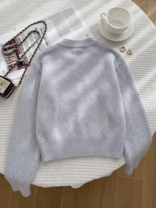 Sweater Anak Perempuan Musim Gugur/Dingin, Desain Asimetris, Warna Polos, Kardigan Rajut Lembut dengan Kancing di Bagian Bawah, Atasan Lengan Panjang dengan Bahu Jatuh Longgar - Grey - View 7