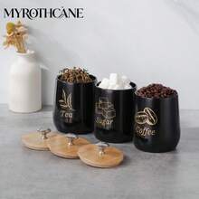 Myrothcane 3Pcs Black Ceramic Coffee Sugar Tea Canister Set, Airtight Bamboo Lid Storage Jars With Gold Letter Print, Kitchen Countertop Food Containers For Coffee Beans Tea Leaves Sugar Cubes, Modern Farmhouse Kitchen Decor Organizer - Black - View 8