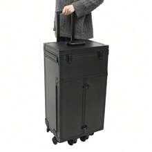 Rolling Makeup Train Case - Stylish Black Cosmetic Trolley With Adjustable Rods, Spacious Storage, And Detachable Wheels For Easy Travel And Organization - Black - View 3
