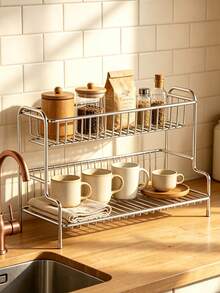 1 buah Rak Organizer Meja 2 Tingkat Stainless Steel dengan Kaki Anti Selip, Tempat Penyimpanan Tahan Karat untuk Bumbu Dapur & Perlengkapan Rias Kamar Mandi, Rak Meja Serbaguna Cocok untuk Asrama, Apartemen, Kamar Tidur, dan Kamar Mandi - MultiWarna - View 3
