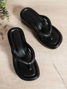 女款時尚厚底夾腳拖鞋，海灘度假室內/室外通用休閒涼鞋 - 黑色 - 查看 5