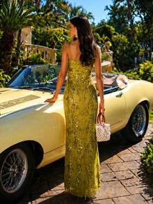 UNITHORSE Women's Spaghetti Strap Sequin Beaded High Slit Mini Evening Dress - Mustard Yellow - View 3